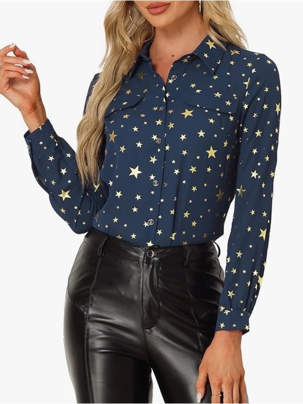 Allegra K Metallic Stars Sparkly Shiny Gilding Long Sleeve Button-Up Shirt, M
